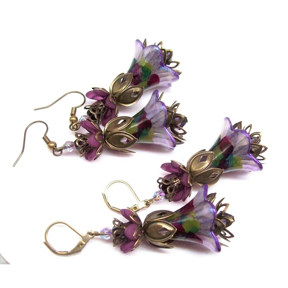 Purple Flower Earrings, Art Nouveau, Vintage Style, Bronze,